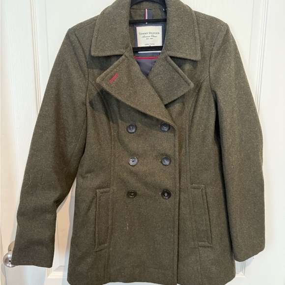 Tommy Hilfiger olive green Wool Blend Double-Breasted Peacoat Jacket - Picture 2 of 11